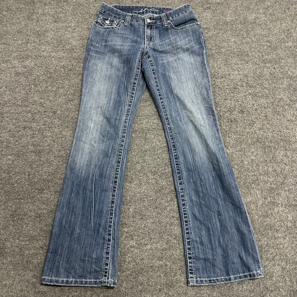 INC Denim Jeans Womens Size 2 Blue Curvy Fit Boot Leg Rhinestone Contrast Stitch
